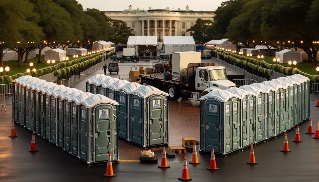 Festival porta potty bank with barricades in Lapeer, Michigan